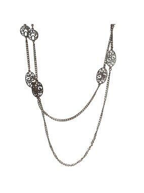 Elegant Double Strand Chain Necklace Filigree Oval Accents Silver Tone Jewelry
